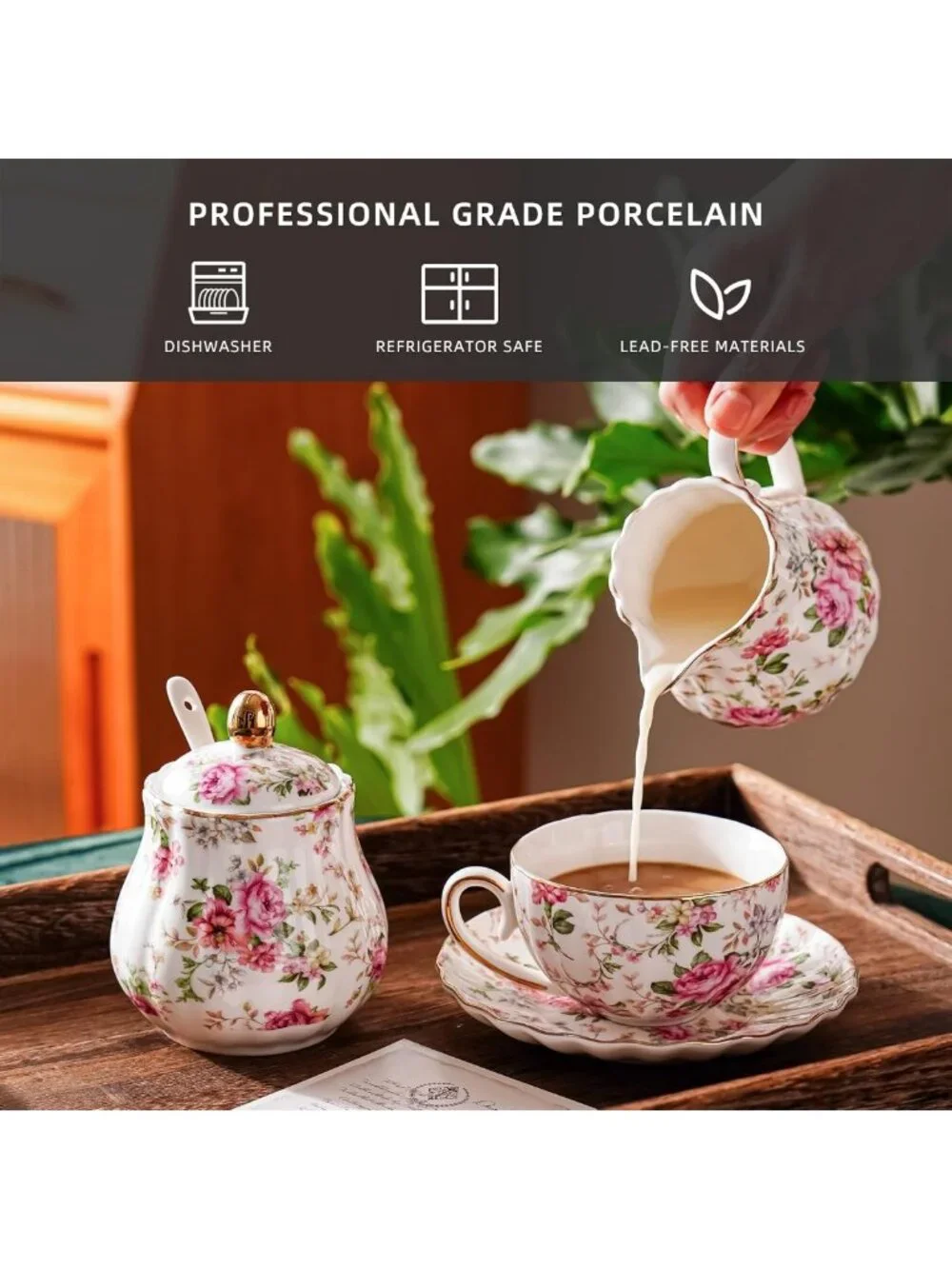 Elegant Ceramic Sugar and Creamer Set, 3-Piece with Lid & Spoon - Floral Design